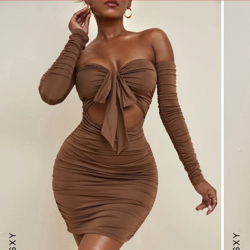 SHEIN Brown Longsleeve Ruched Dress